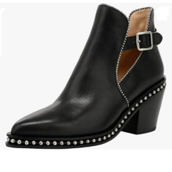 YDN Black Chunky Heeled Ankle Booties Closed Almond Toe Buckle Strap Boot - Picture 1 of 8